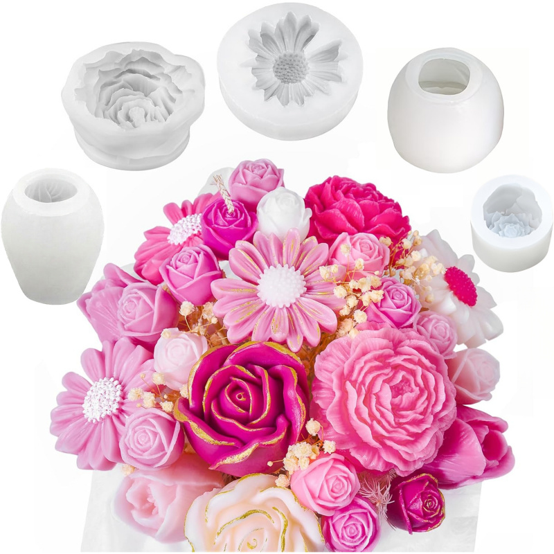 Candle Making Kit Diy - 5フラワーキャンドルモールドセット、3D花柄シリコンキャンドルモールド、キャンドル作りに使用、デイジー、ピオニー、ローズ、チューリップフラワーモールド