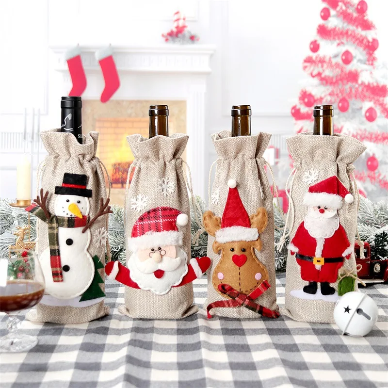 Jute Bag Packaging - クリスマスワインボトルカバーバッグ、クリスマス、雪だるま、サンタクロース、ギフトパッケージ、ジュートバッグポーチ、黄麻布、クリスマスデコレーション