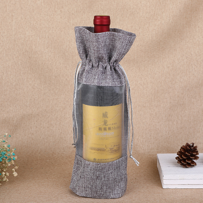 1個模造ジュートワインボトルバッグカバー透明な窓巾着ギフトバ - Jute Bag Packaging のレビューと価格